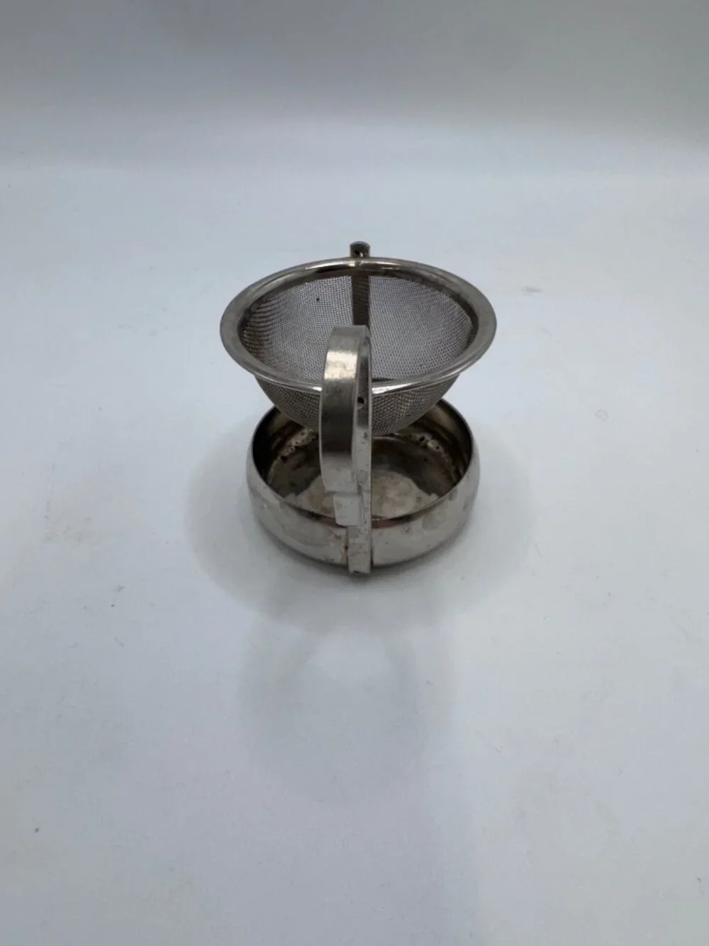 Vintage Stainless Steel Hook Tipping Tea Strainer  Drip Bowl - 3 